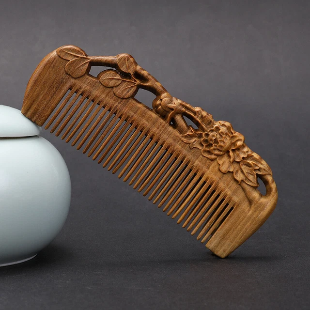 Green Sandalwood Comb Double-Sided Carved Peacock Sandalwood Retro Hair Comb