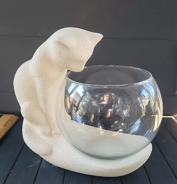 Vtg Haeger Pottery White Textured Cat Sculpture Figurine with Glass Fish Bowl