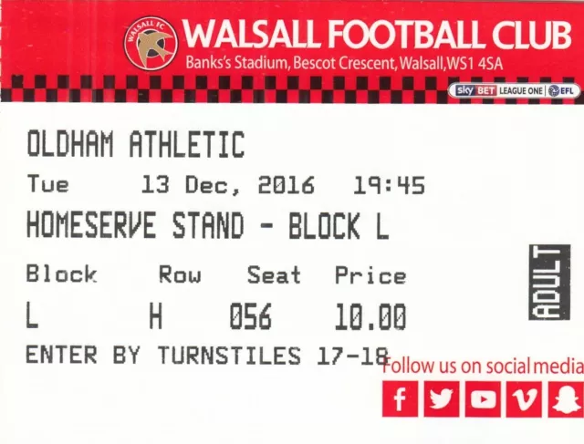 Ticket - Walsall v Oldham Athletic 13.12.16