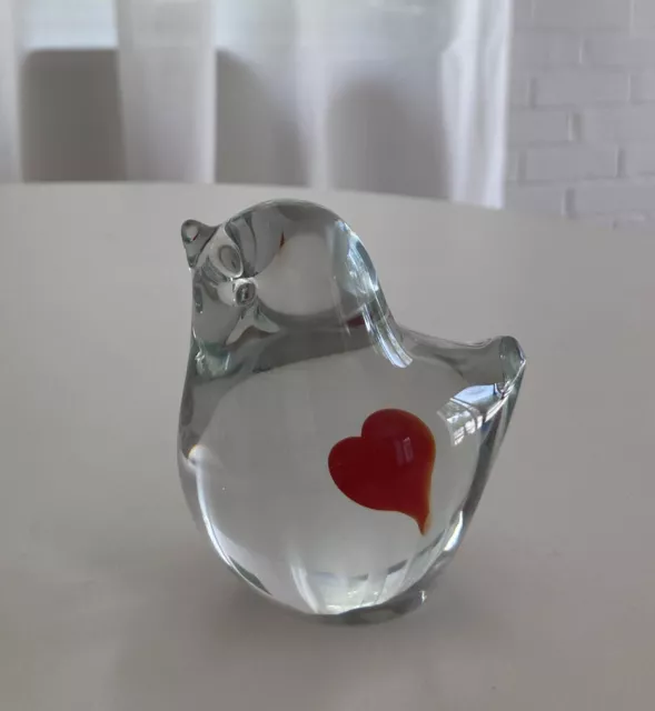 FM Ronneby Konstglas Sweden Signed Art Glass Bird w Heart Sculpture Figurine