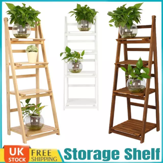 Folding 4 Tier Ladder Shelf Storage Shelving Unit Wooden Bookcase Plant Display