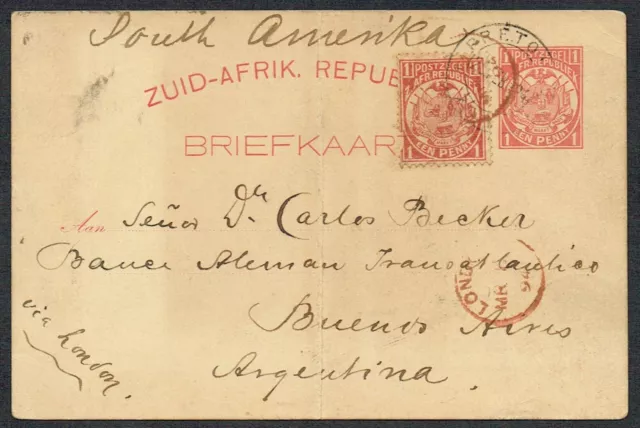 1894 Transvaal 1d Stationery Card Uprated 1d Pretoria to Buenos Aires via London