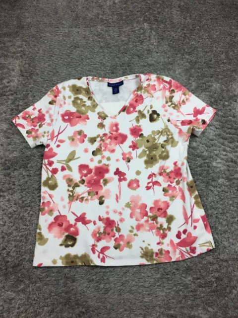 Karen Scott Shirt Womens Size XL Pink White Floral Print Short Sleeve Cotton