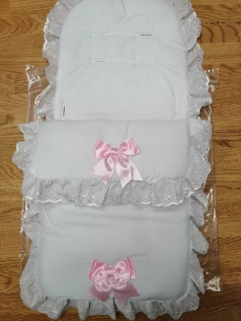 Baby  girls  white /  pink  Large Ribbon bows  Foot Muff Cosy Toes Pram buggy