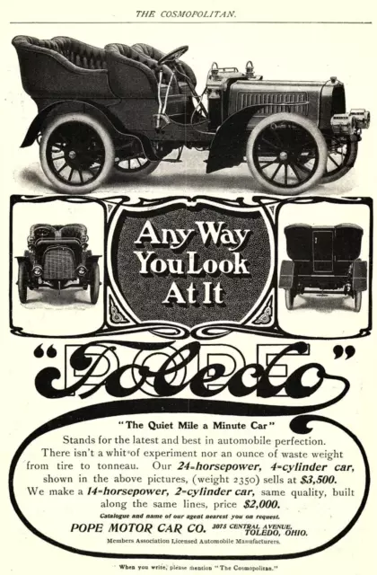 1904 Pope Toledo Motor Car Co. Oldsmobile Full Page Print Advertisement Z1796