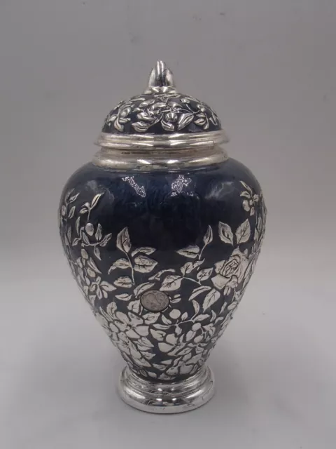 Joli Coupe Ou Vase En Argent Massif Et Email Bleu Decor Floral 925 Milliemes