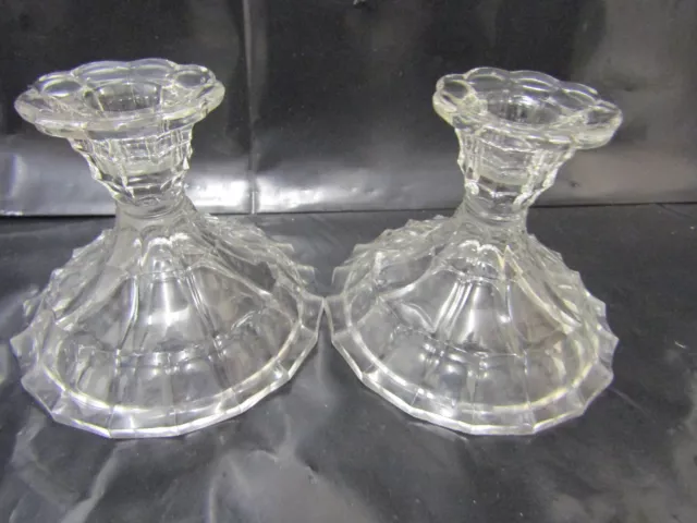 Lovely Pair of  Squat Clear Glass Candlesticks, Holders, vintage (H) 3