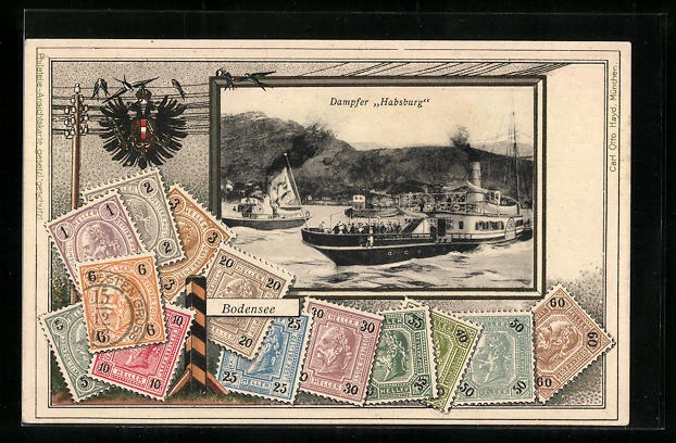 Präge-AK Dampfer Habsburg, österreichische Briefmarken