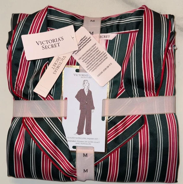 Victorias Secret Satin Pajama Set Button Down Top & Bottoms Pink Stripe PJ XL - Foto 8