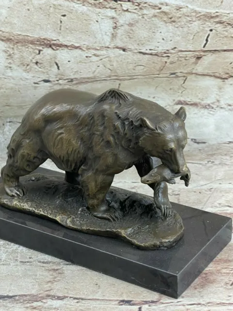 Bronze Sculpture Statue Bear Head Bust With Fish Marble Handcrafted Figurine Art