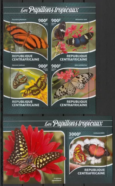 STA129 Central African Rep 2015 MNH 2 Sheets High CV Fauna Tropical Butterflies