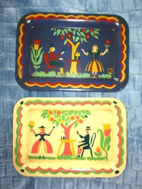 Two Antique Blue & Yellow Hand Decorated Colonial People Folk Art Tole Trays