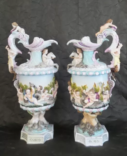 Magnificent Pair of Antique 19th Century RUDOLSTADT, Germany Porcelain Ewers