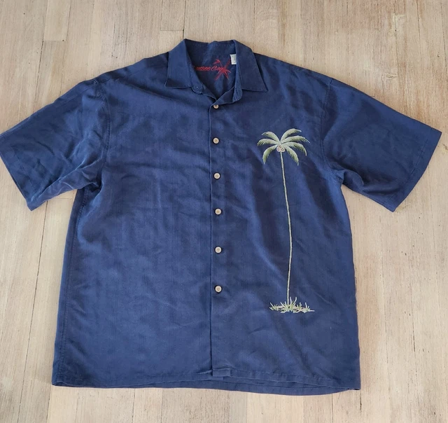 Bamboo Cay Embroidered Palm Tree Black Hawaiian Shirt Men's Sz Large
