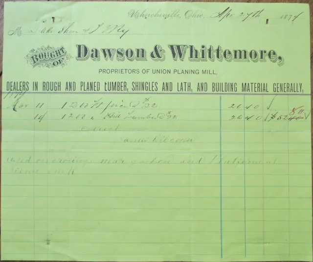 Uhrichsville, OH 1874 Letterhead, Lumber, Dawson and Whittemore, Ohio