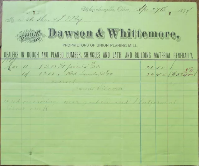 Uhrichsville, OH 1874 Letterhead, Lumber, Dawson and Whittemore, Ohio