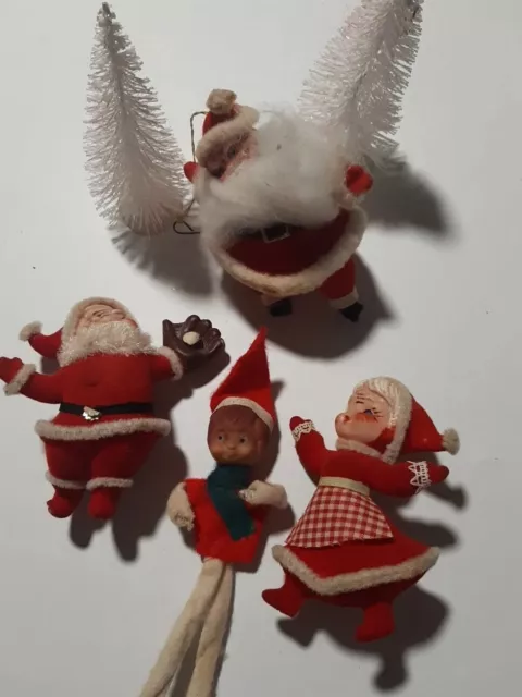 Vintage Felt Flocked Santa Christmas Tree Ornaments 1950s Lot of 4