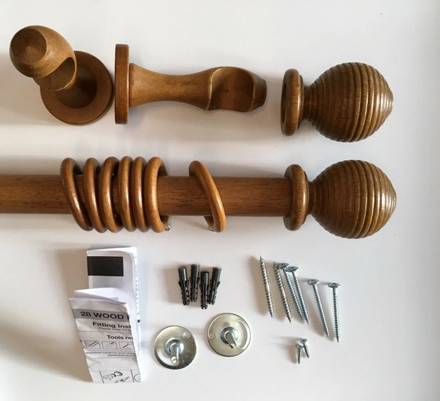 28MM WOODEN CURTAIN Pole, Mid Oak, Wood Curtain pole set, Ribbed Ball