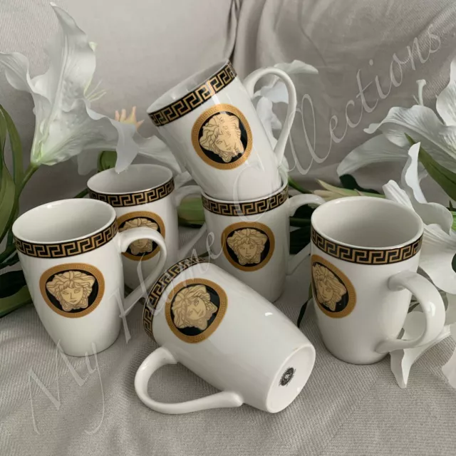 Coffee Cups Mugs Set Ceramic Porcelain with Handle Gold & Black Medusa 6pc 300ml