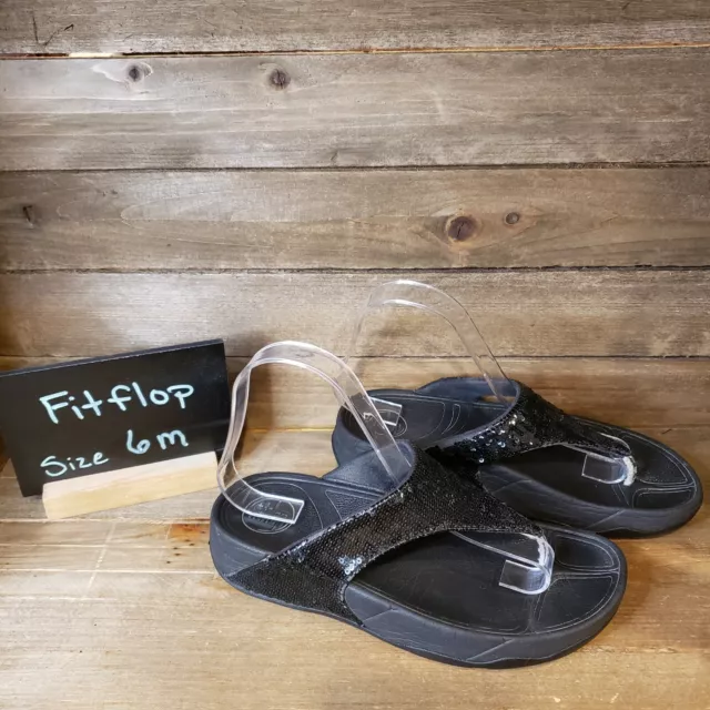Womens FitFlop Walkstar 3 Black Sequin Comfort Flip Flops Sandals Size 6 M GUC