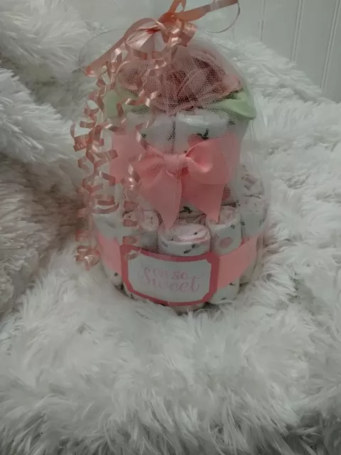 2 Tier Peach Rose Baby Shower Diaper Cake Baby Gift Table Centerpieces for Girl