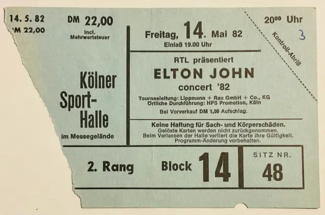 Biglietto concerto originale Elton John usato palazzetto dello sport colonia 14 maggio 1982