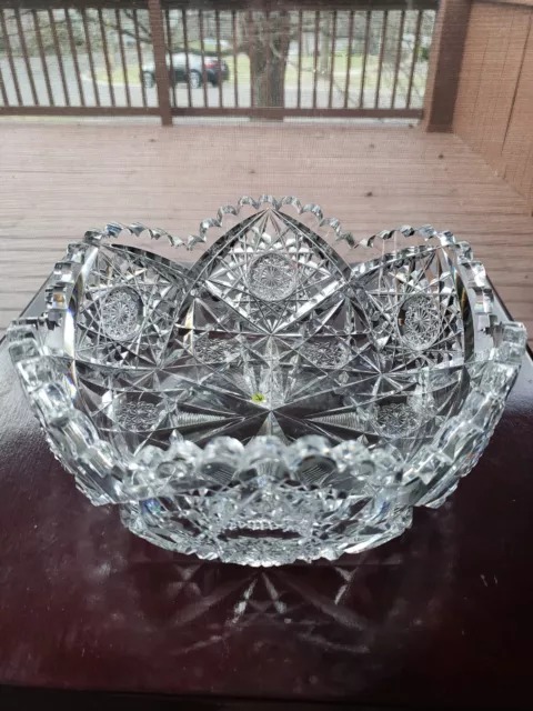 8" Serving Bowl American Brilliant Period Cut glass crystal SIGNED HAWKES Canton