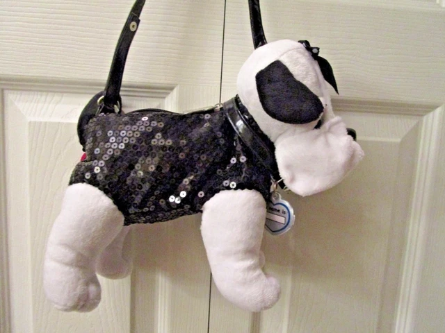 POOCHIE CO Dog Plush Purse White Puppy Black Sequins NEW 11.82
