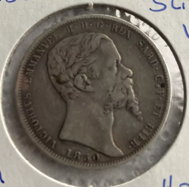 Italia Cerdeña 1850 King Vittorio Emanuele Ii 5 Liras Corona De Plata En Muy Buen Estado