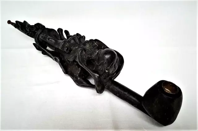 ANTIQUE (19th Century?) CHINESE HAND CARVED WOODEN DRAGON SHAPE SMOKING PIPE