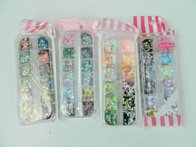 4 Boxen - 48 Abschnitte Nail Art Glitzer Kreise Pailletten Dekoration