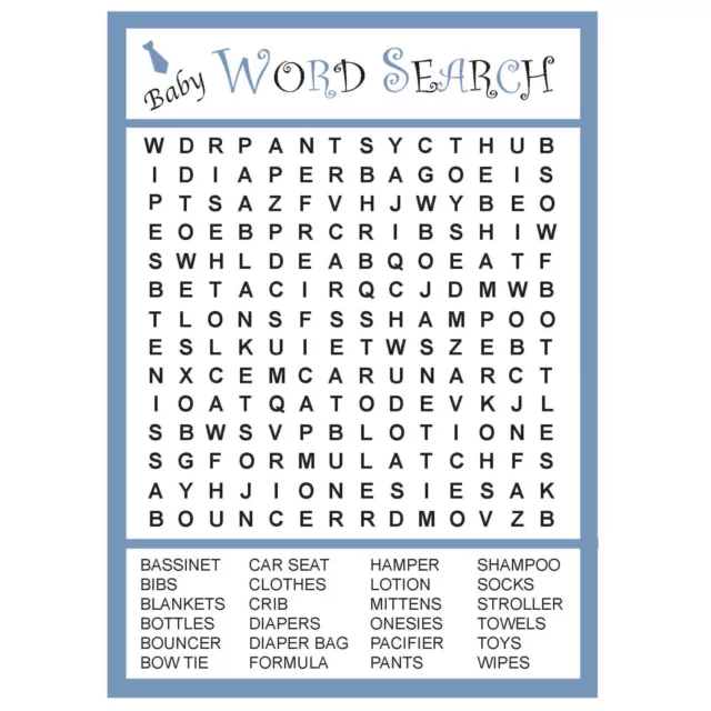 24 Baby Shower Word Search Cards Boy -Shower Games, Mom to Be - Qty 24 Fast Ship