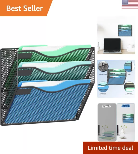 Wall Mounted File Holder - 3 Pocket Mesh Organizer for Magazines & Literature