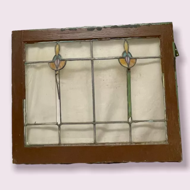 Antique ART DECO Leaded STAINED GLASS CASEMENT WINDOW 28.25 X 23” b
