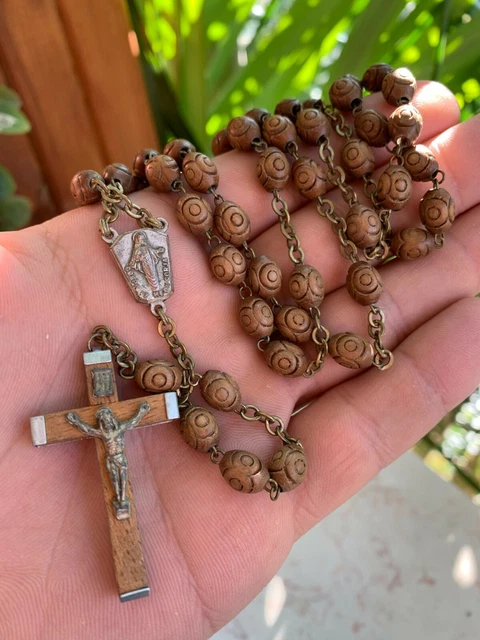 Italian Antique large ROSARY Wood Carved Beads Habit Priest Rare Crucifix Cross†
