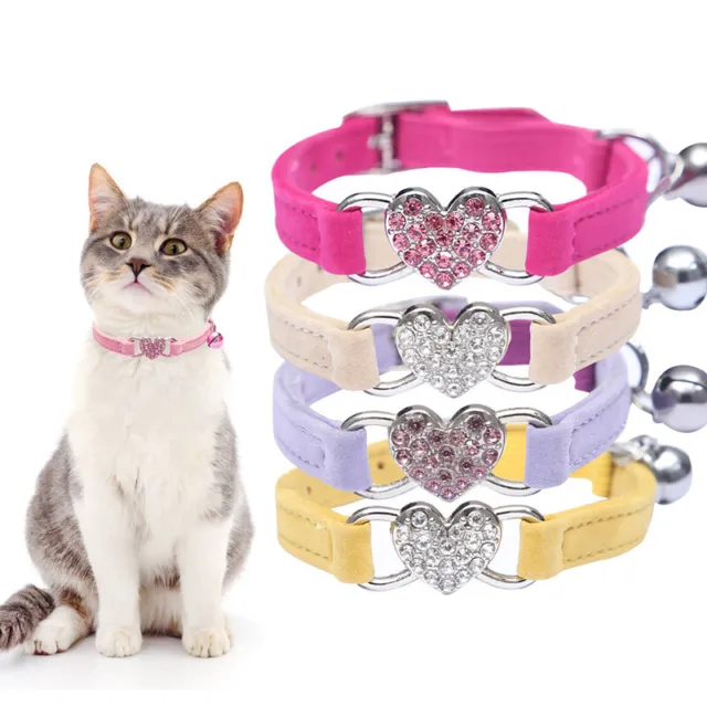 Adjustable Suede Collar Cat Kitten Dog Puppy Pet Collars Heart Charm Bling 06UK