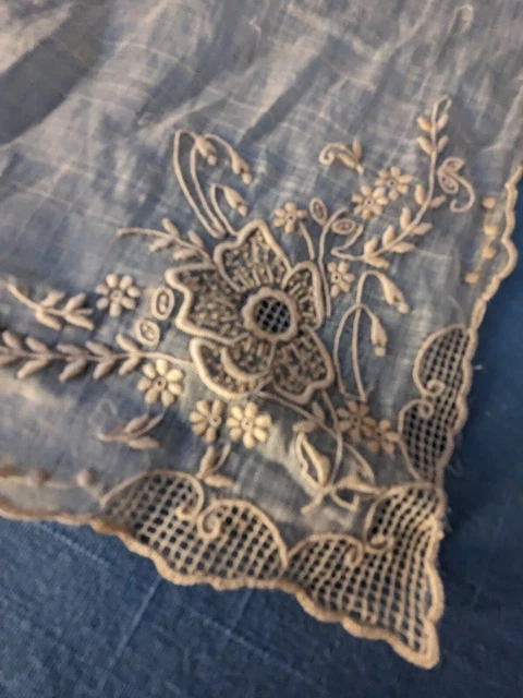 Antique Sheer Needlerun Wedding Handkerchief Hanky Beige
