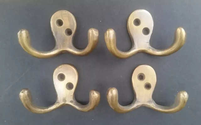 Set of 4 Small double Coat Hat Hooks Antique style Solid Brass 2 1/2" #C1