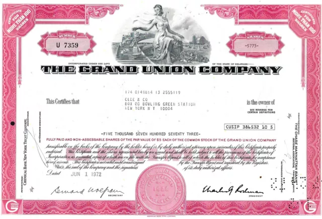 The Grand Union Company, 1972 (5.773 Shares) !!