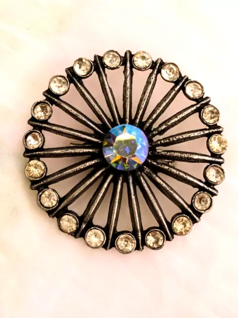 Austrian Crystal Art Deco Wagon Wheel  Brooch. Unique. Vintage Crystal Brooch.