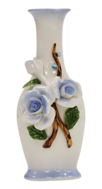 14 cm Keramik Knospen Vase - weiß & blau 3D Blumendesign dünne Flasche Hals Ornament