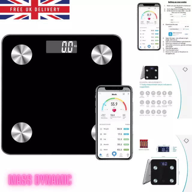 Bathroom Weighing Digital Scales Bluetooth Smart Body Fat Bmi Glass Stones Kg Uk