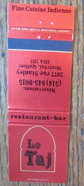 Indian Restaurant Matchbook Matchcover: Le Taj (Montreal, Quebec) -E8