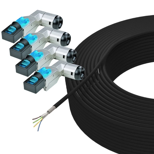 Cat.7 Erdkabel Set 50m S/FTP Outdoor Verlegekabel PE & RJ 45 Winkel LAN Stecker