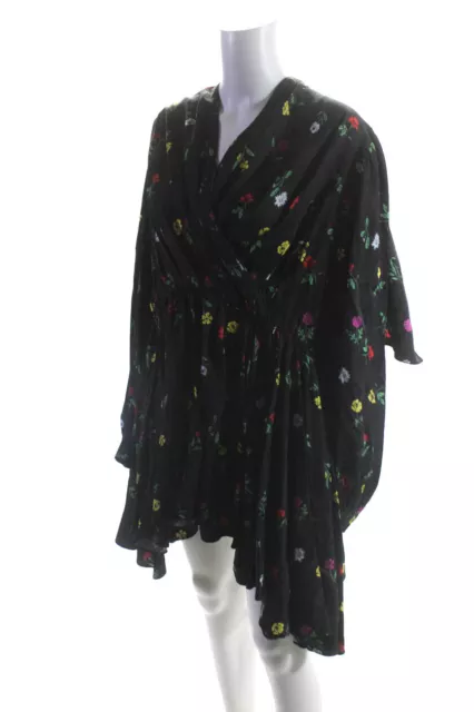 Balenciaga Womens Floral Print Ruched V-Neck Long Sleeve Dress Black Size 38 2