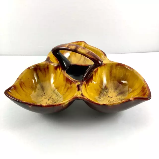 Blue Mountain Pottery Harvest Gold Divided Nut Dish Condiment Tray With Handle