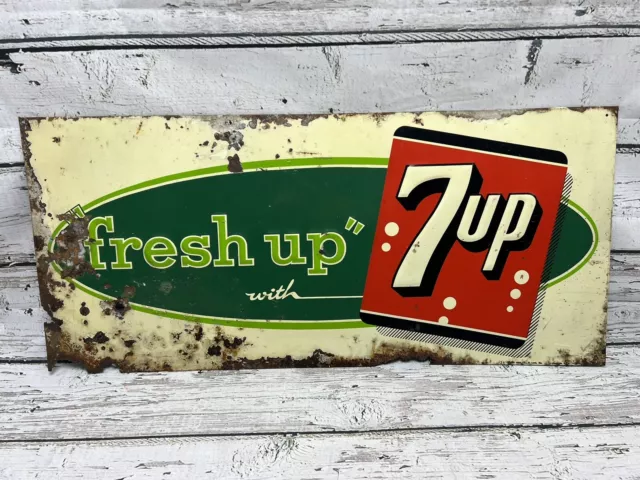 VTG 1960's 7 Up "Fresh Up With" Embossed Metal Store Advertising Sign USA - READ