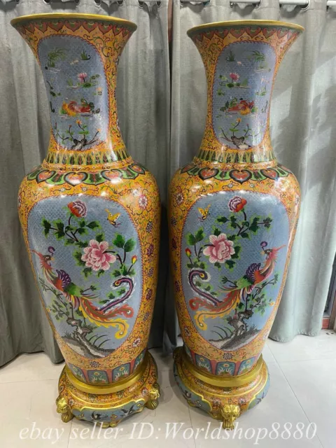 72" Qianlong Marked Old Chinese Bronze Cloisonne Gilt Phoenix Bottle Vase Pair