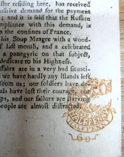 1760 EDINBURGH Scotland FRENCH & INDIAN WAR newspaper with RED British tax stamp