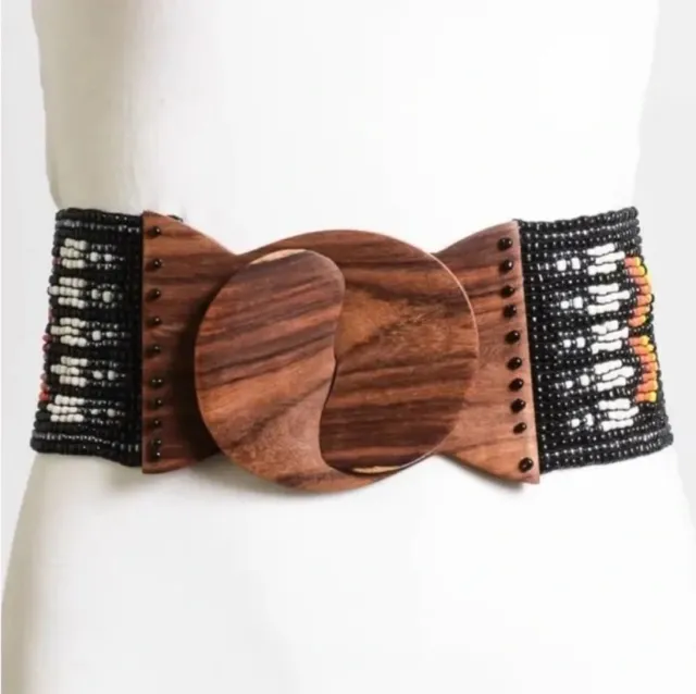 Handcrafted Multi Color Southwestern Beaded Stretch Belt with Wooden Buckle